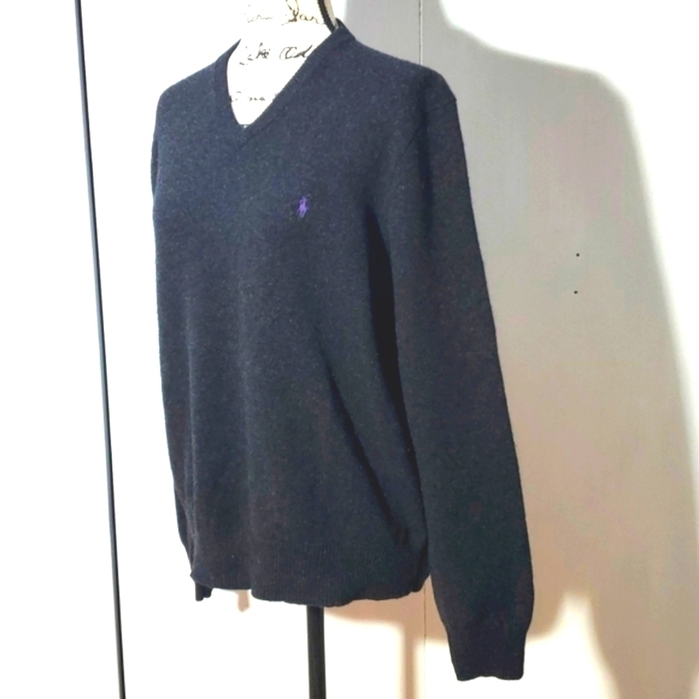Ralph Lauren Polo| Mens Vneck Black Lambs Wool Sweater Purple Pony luxury Sz.XL